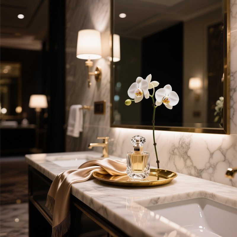 An Elegant Marble Vanity In A Boutique Hotel Lobby At Night, Illuminated By Soft Uplighting,