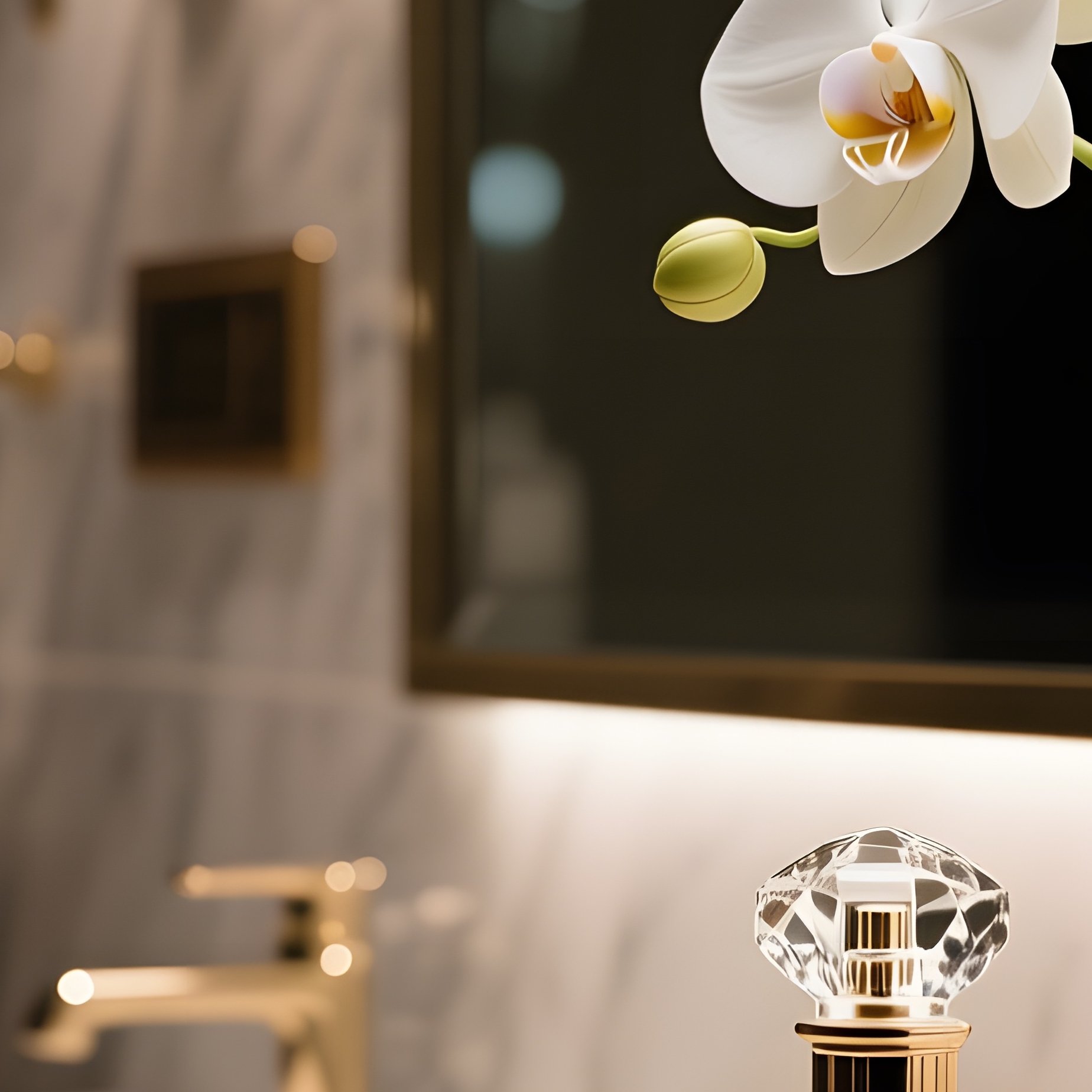 An Elegant Marble Vanity In A Boutique Hotel Lobby At Night, Illuminated By Soft Uplighting, - Full Resolution Quality Preview
