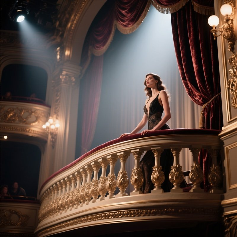 An Elegant Opera House Balcony, A Female Model Perched On An Ornate Railing, Soft Stage Lighting