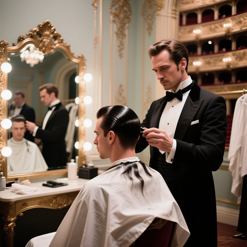 An Elegant Opera House Dressing Room With Ornate Mirrors; A Tenor Receives A Polished Side Part
