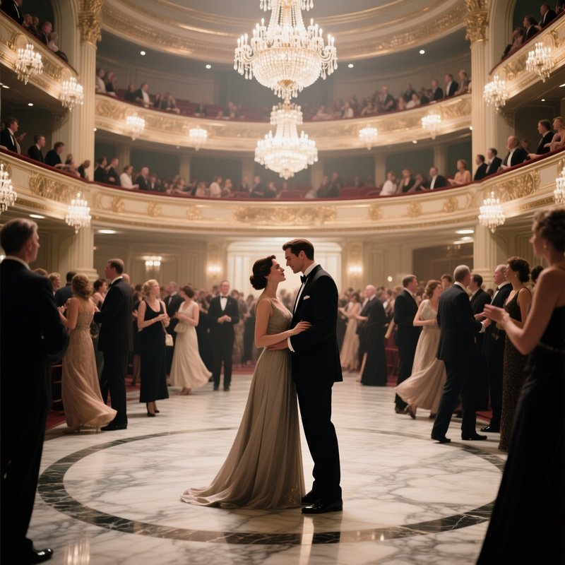 An Elegant Opera House Foyer With Marble Floors, Chandeliers Sparkling As A Couple Shares An