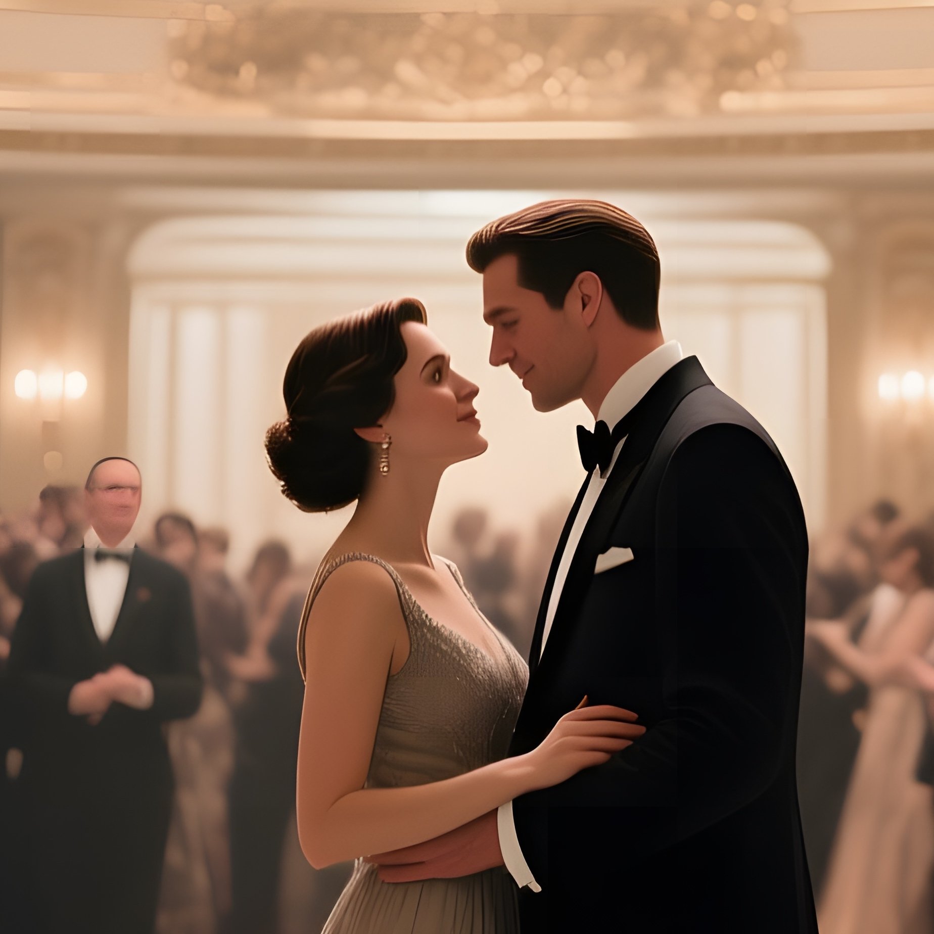 An Elegant Opera House Foyer With Marble Floors, Chandeliers Sparkling As A Couple Shares An - Full Resolution Quality Preview