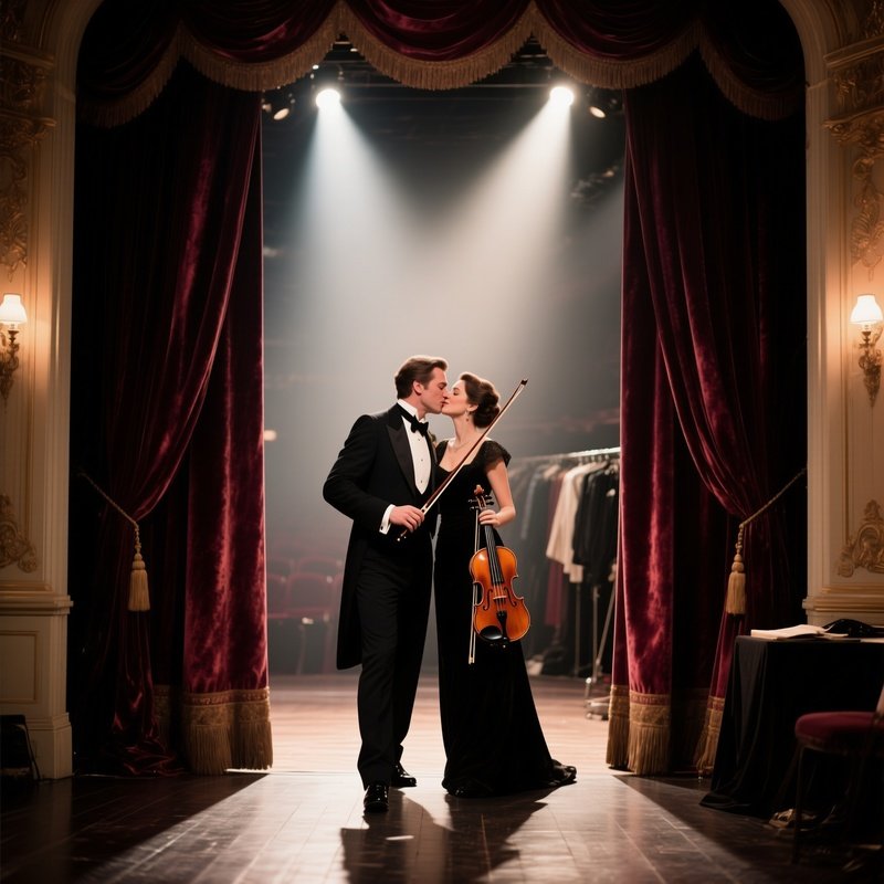 An Elegant Opera Performance Backstage, Velvet Curtains, A Violinist Kisses His Partner Before