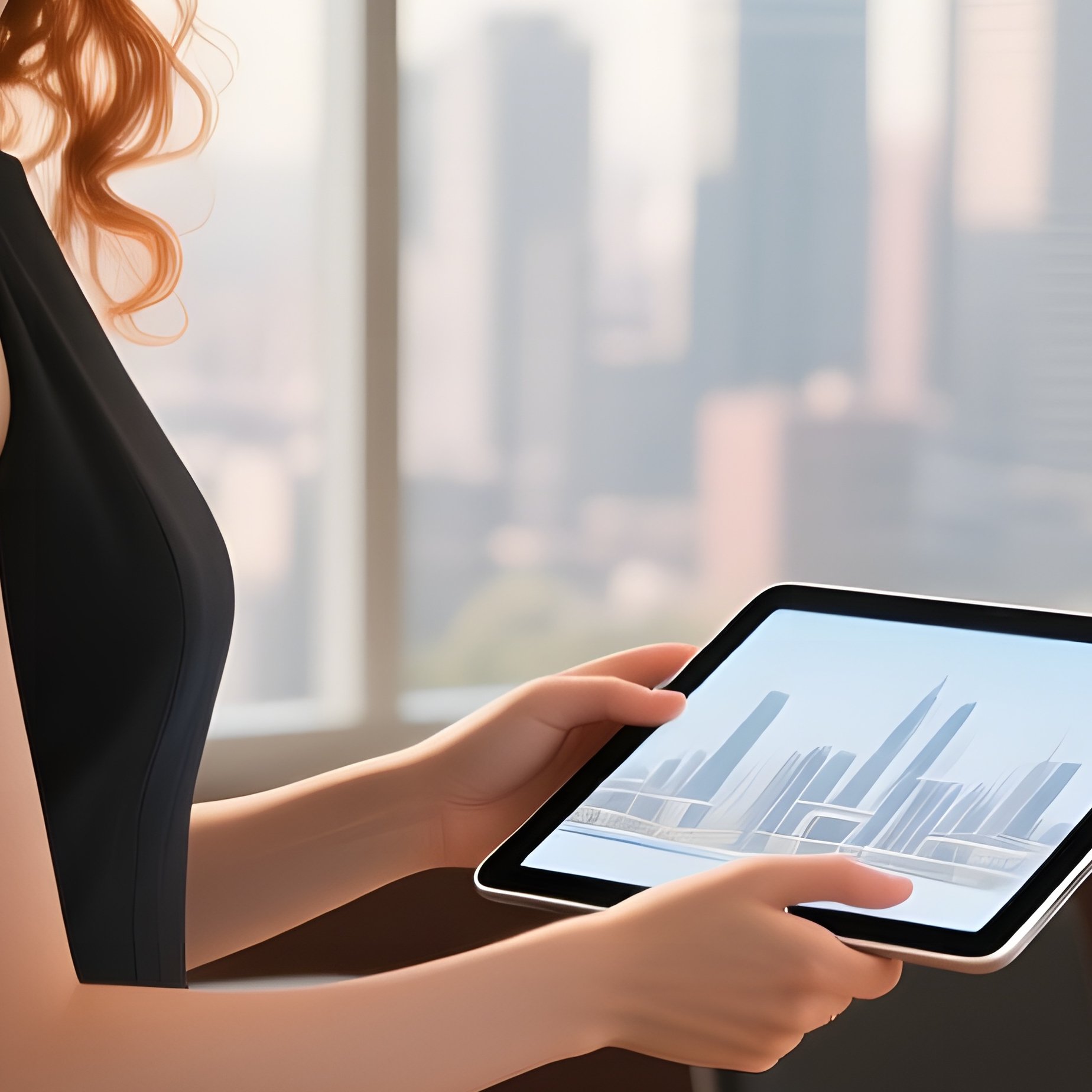 An Elegant Pop‑Up Girl With Long Auburn Curls Adjusts A Sleek Tablet Projecting A 3D Model Of A - Full Resolution Quality Preview