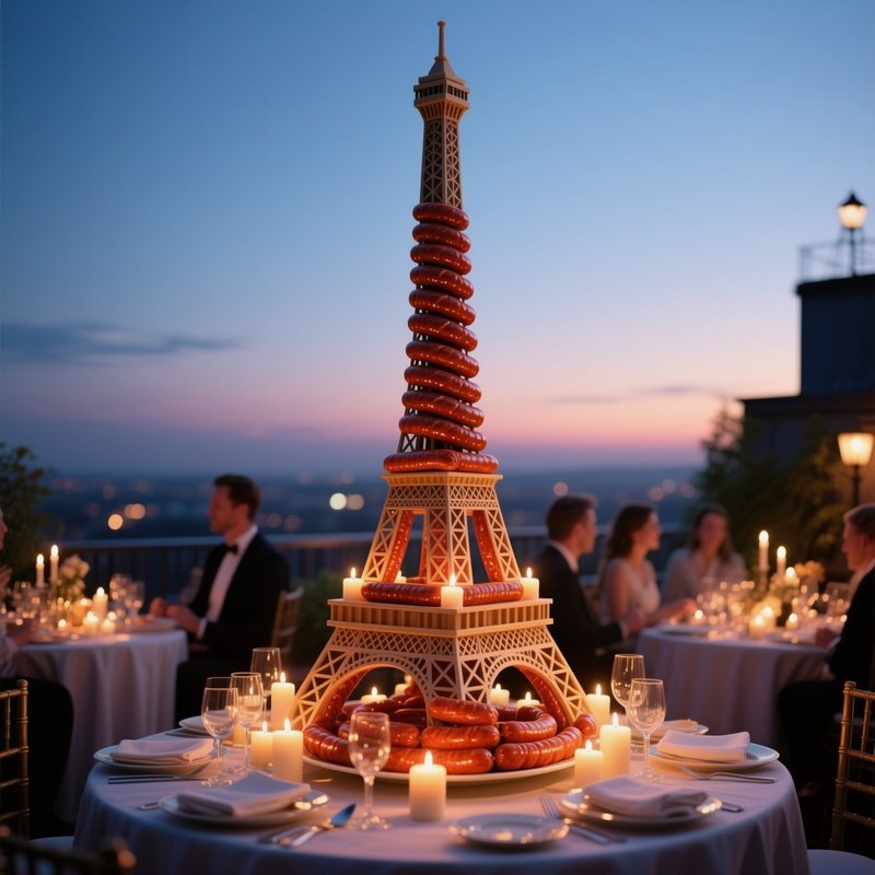 An Elegant Rooftop Dinner Party At Twilight, Featuring A Centerpiece Of A Towering Eiffel Tower