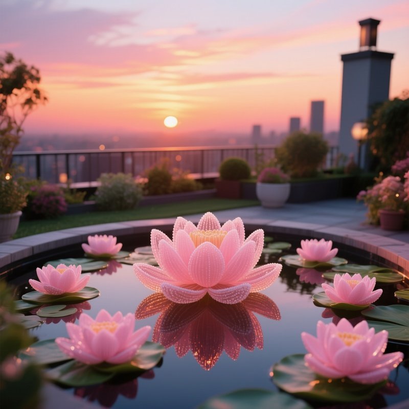 An Elegant Rooftop Garden At Sunset, Featuring A Sugar Sculpture Of A Blooming Lotus Pond, Each