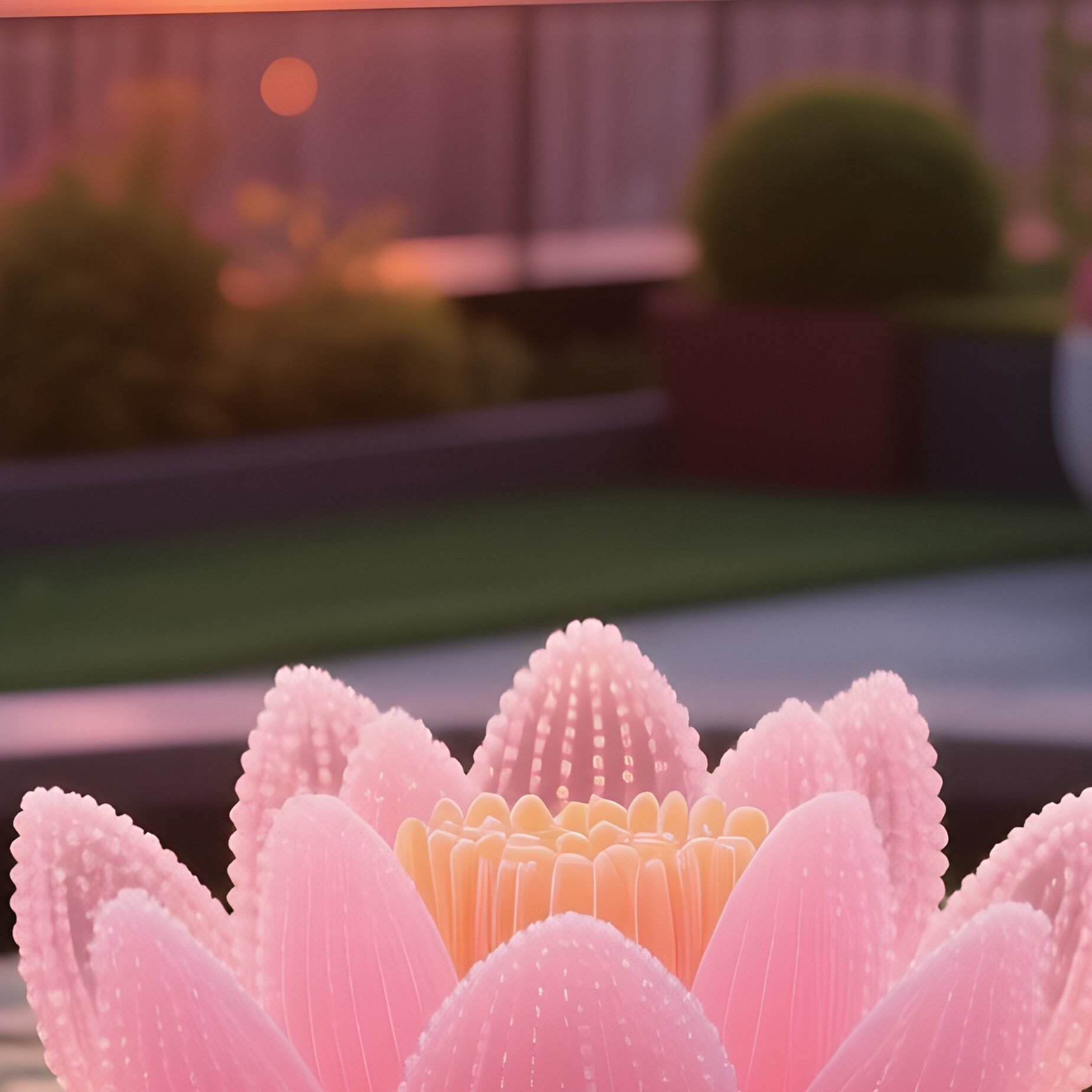 An Elegant Rooftop Garden At Sunset, Featuring A Sugar Sculpture Of A Blooming Lotus Pond, Each - Full Resolution Quality Preview