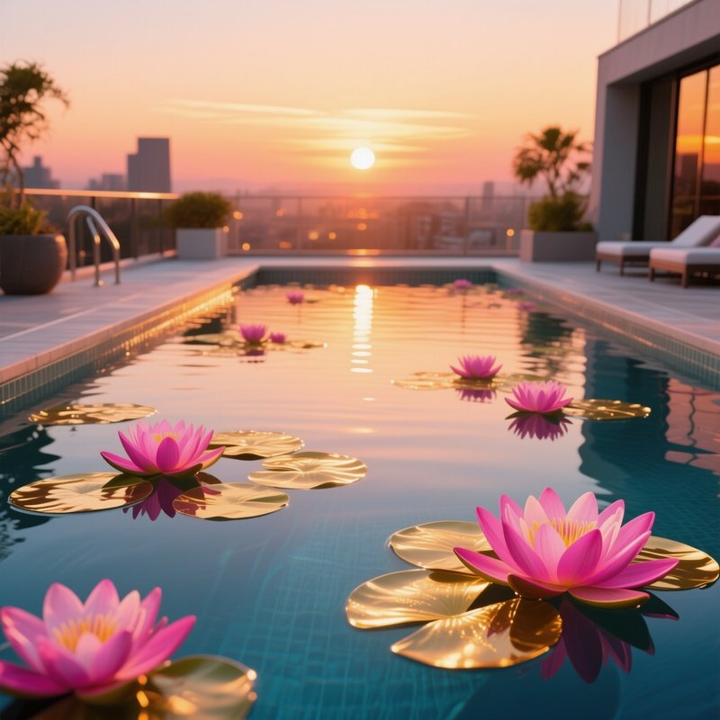 An Elegant Rooftop Pool At Sunset With Floating Pop‑Art Water Lilies In Vibrant Pink And Gold,