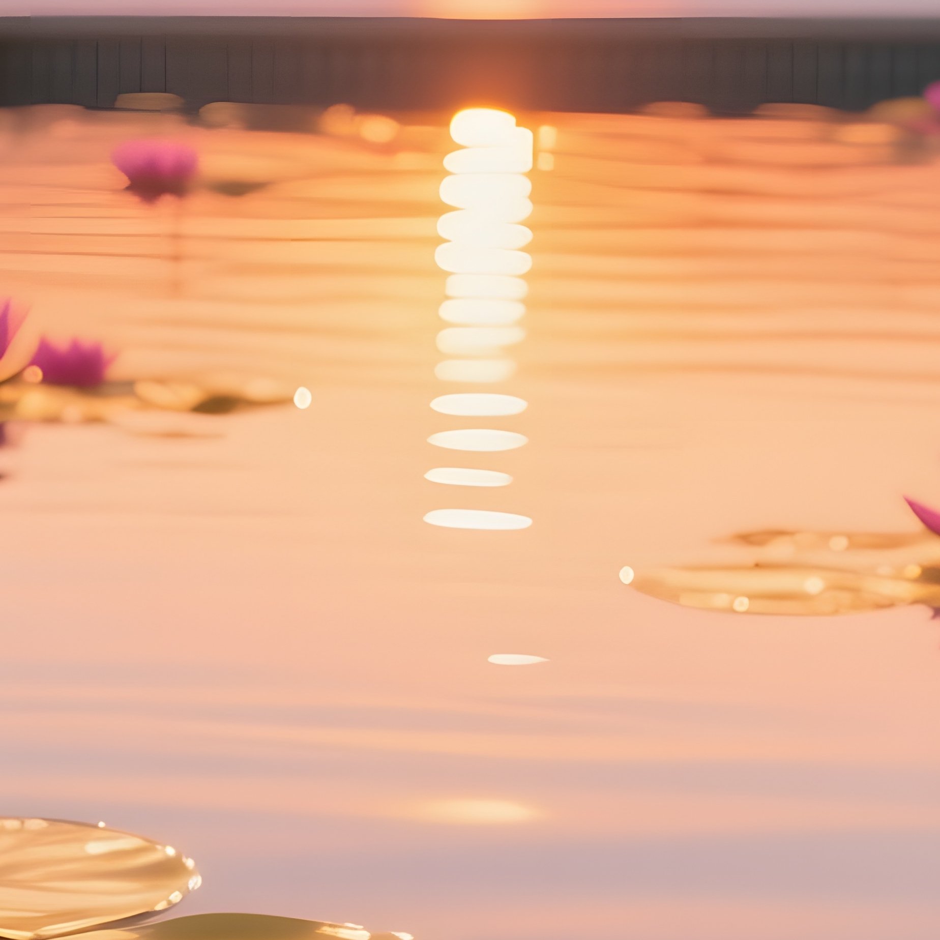 An Elegant Rooftop Pool At Sunset With Floating Pop‑Art Water Lilies In Vibrant Pink And Gold, - Full Resolution Quality Preview