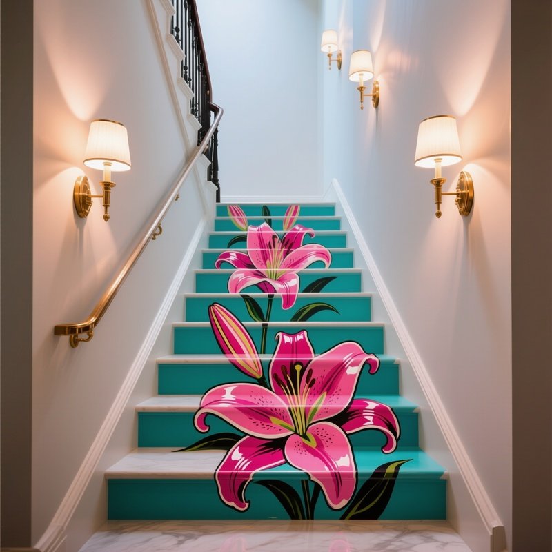 An Elegant Staircase Illuminated By Wall Sconces, Each Step Adorned With A Painted Pop‑Art Lily In