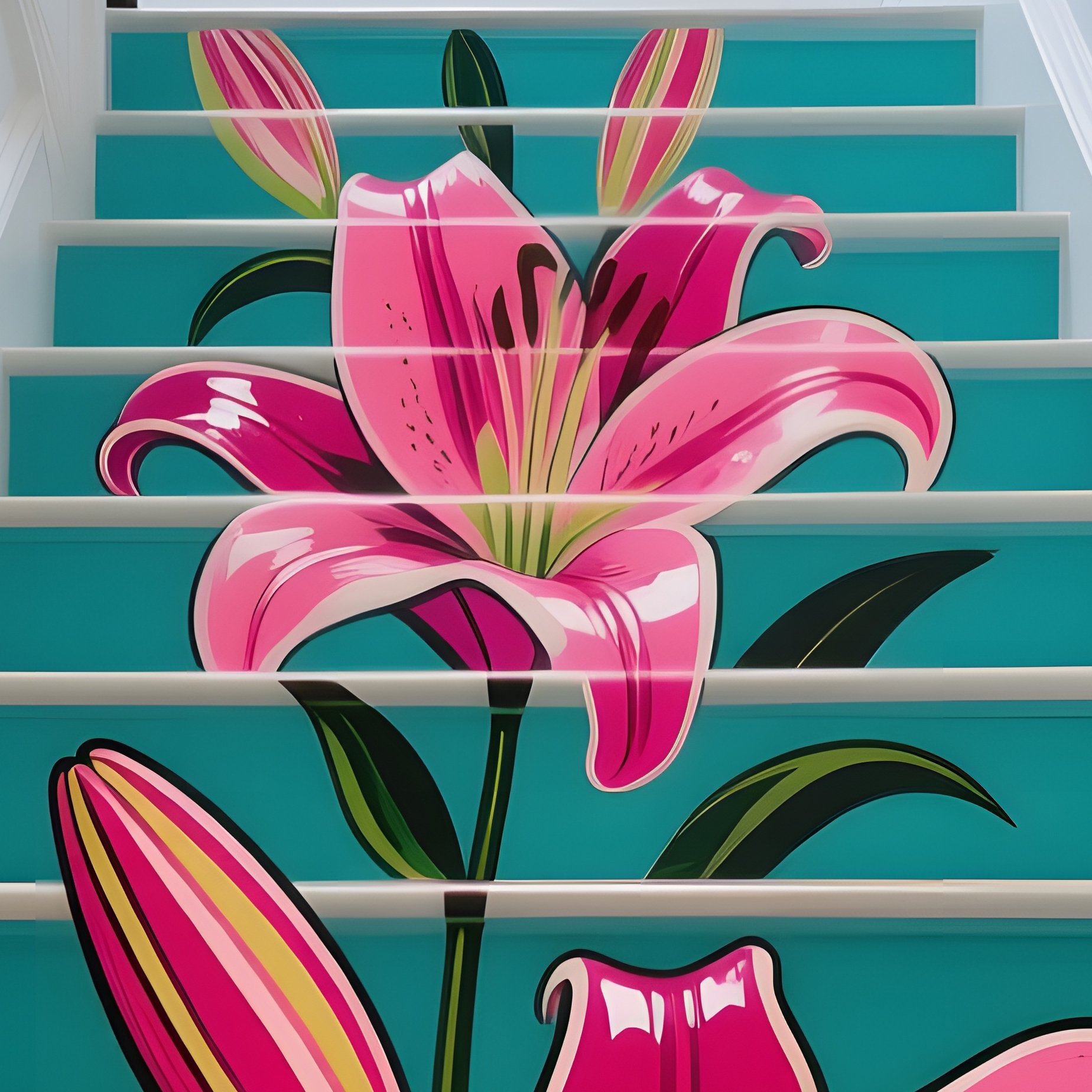 An Elegant Staircase Illuminated By Wall Sconces, Each Step Adorned With A Painted Pop‑Art Lily In - Full Resolution Quality Preview