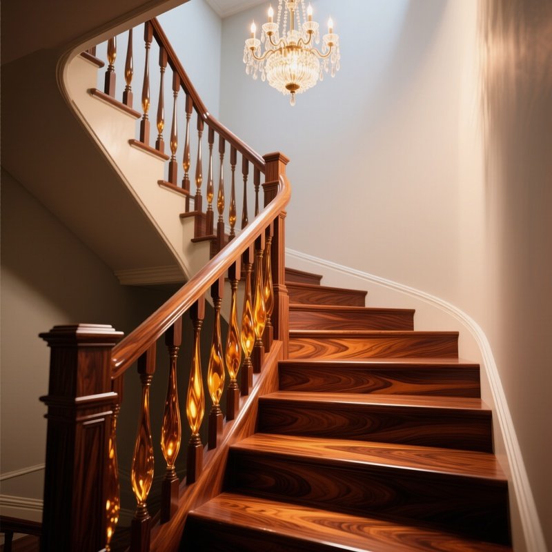 An Elegant Staircase Of Polished Mahogany, Its Banister Reflecting Soft Chandelier Light, The Wood