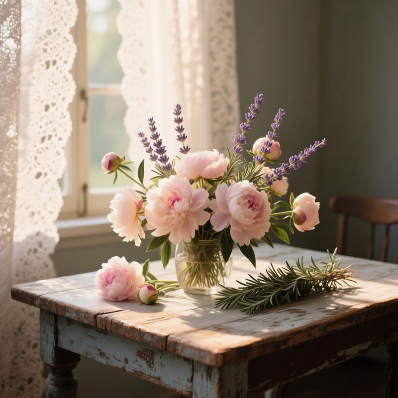 An Elegant Still Life On A Weathered Wooden Table Featuring An Arrangement Of Pastel Peonies,