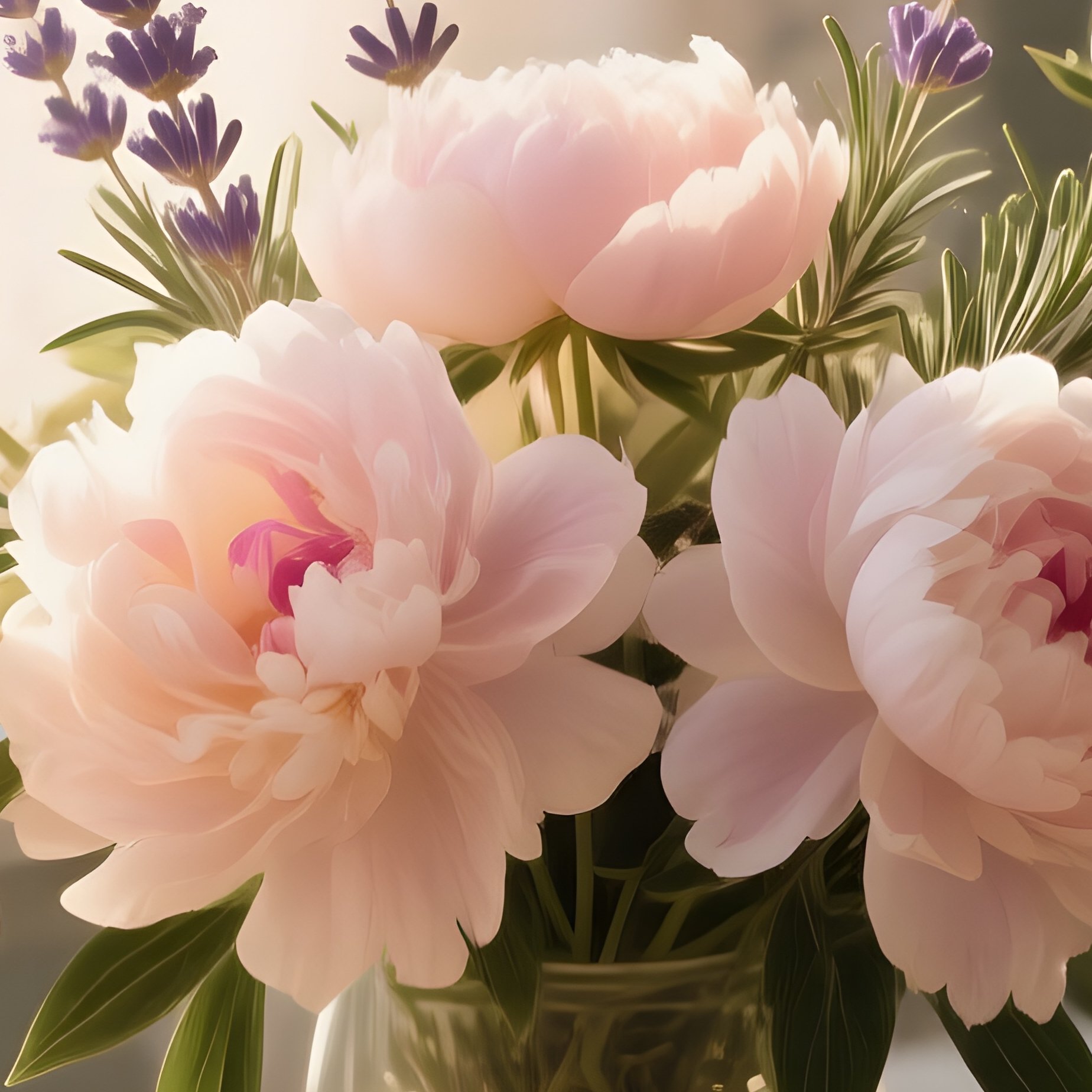 An Elegant Still Life On A Weathered Wooden Table Featuring An Arrangement Of Pastel Peonies, - Full Resolution Quality Preview