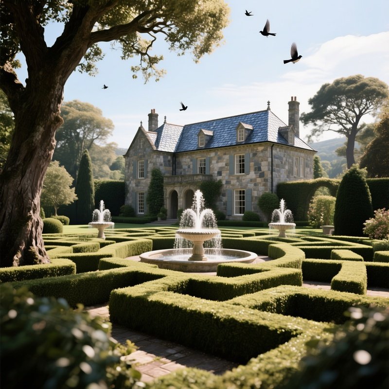 An Elegant Stone Villa Of Gleaming Slate Tiles Set Within A Formal Garden Maze, Fountains Sparkling