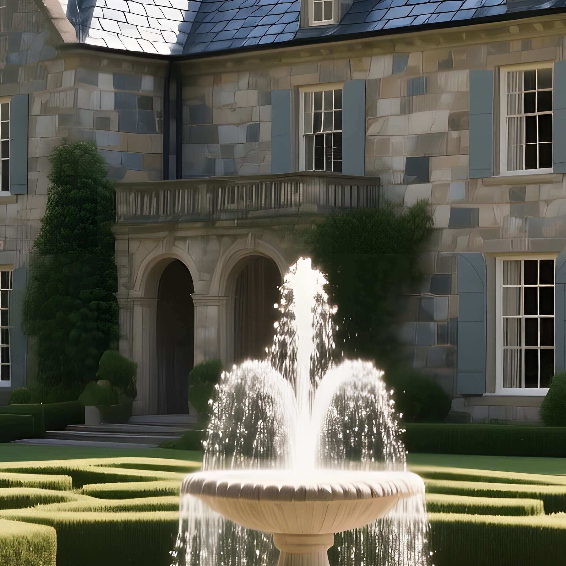 An Elegant Stone Villa Of Gleaming Slate Tiles Set Within A Formal Garden Maze, Fountains Sparkling - Full Resolution Quality Preview