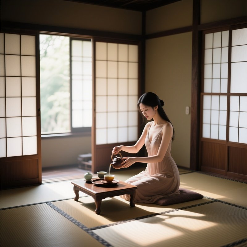 An Elegant Tea Ceremony Room With Shoji Screens, A Nude Woman Pouring Tea, Gentle Natural Light