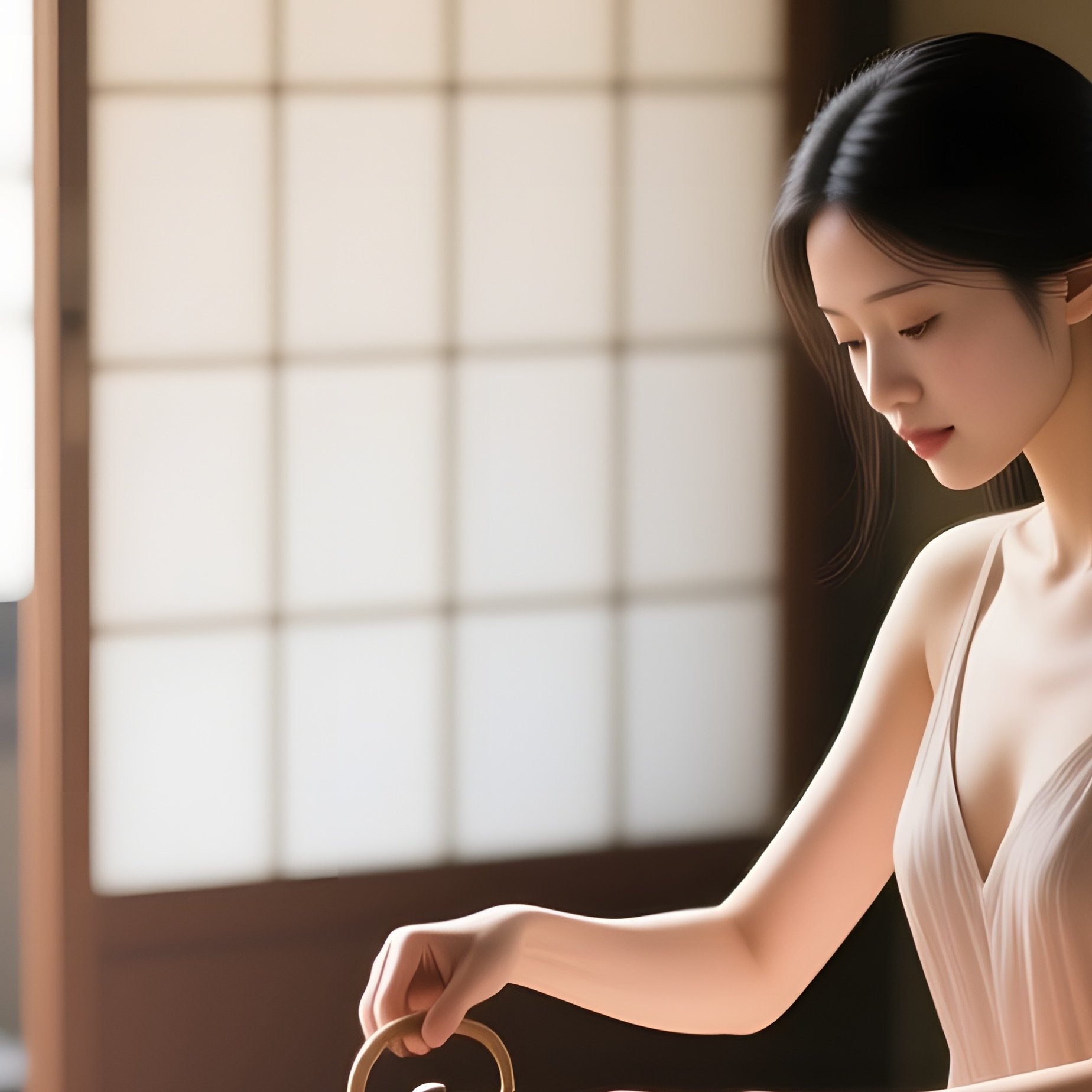 An Elegant Tea Ceremony Room With Shoji Screens, A Nude Woman Pouring Tea, Gentle Natural Light - Full Resolution Quality Preview
