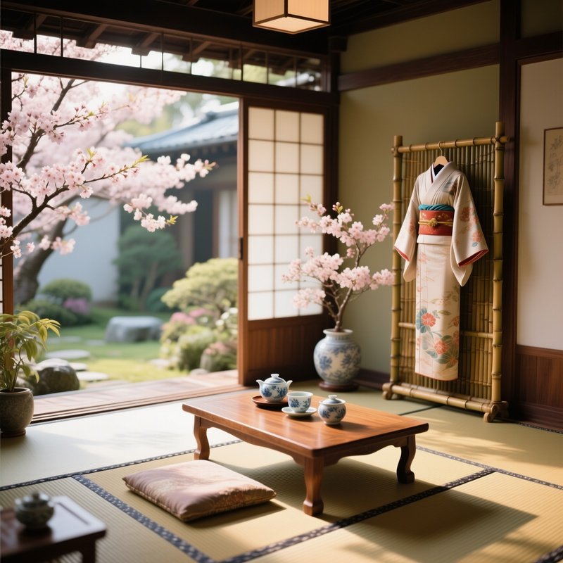 An Elegant Tea Ceremony Setting In A Sunlit Garden Pavilion, Tatami Mats, Low Wooden Table Adorned