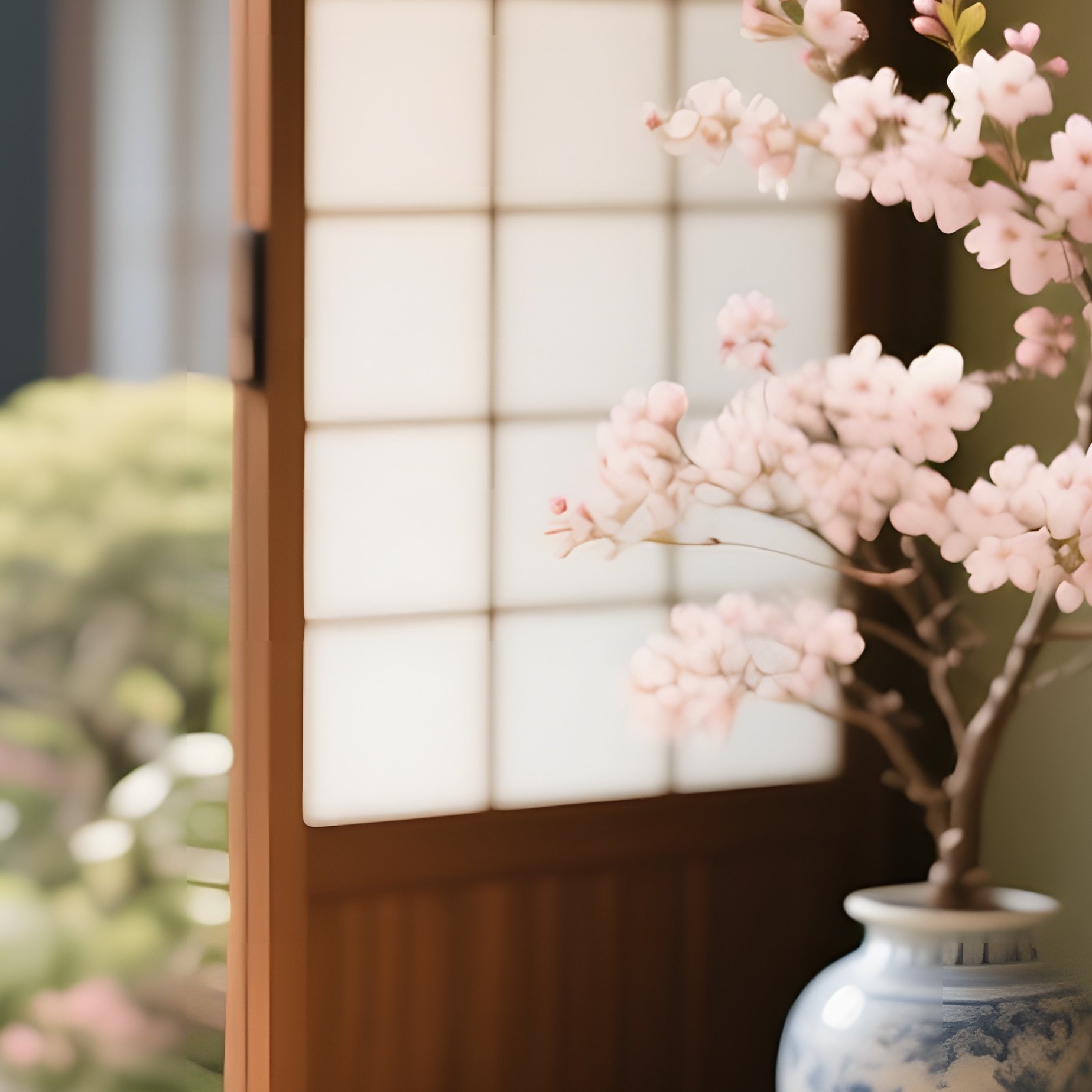 An Elegant Tea Ceremony Setting In A Sunlit Garden Pavilion, Tatami Mats, Low Wooden Table Adorned - Full Resolution Quality Preview