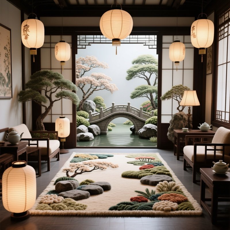 An Elegant Tea House Interior With Paper Lanterns, Displaying A Delicate Wool Rug Depicting A