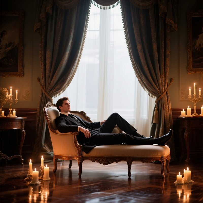 An Elegant Victorian Drawing Room With Heavy Drapes, A Male Model Reclining On An Ornate Chaise,