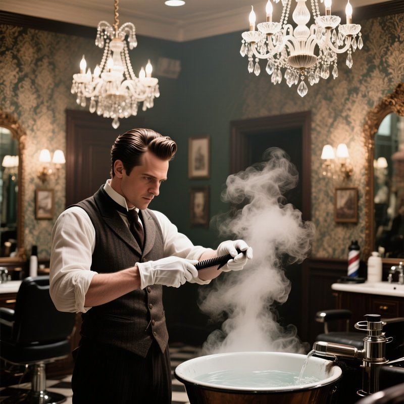 An Elegant Victorian Salon With Ornate Wallpaper And Crystal Chandeliers; A Gentleman In Waistcoat