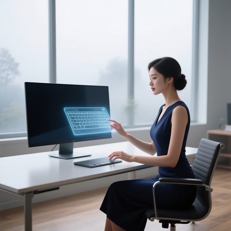 An Elegant Woman In A Fitted Navy Dress Sits At A Minimalist Desk With A Single Ultrawide Monitor,