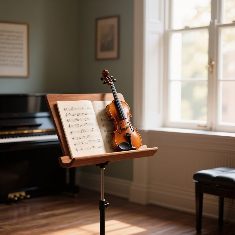 An Elegant Wooden Music Stand Holding Sheet Music And A Violin, Placed Near A Window In A Sunlit Music Practice Room.