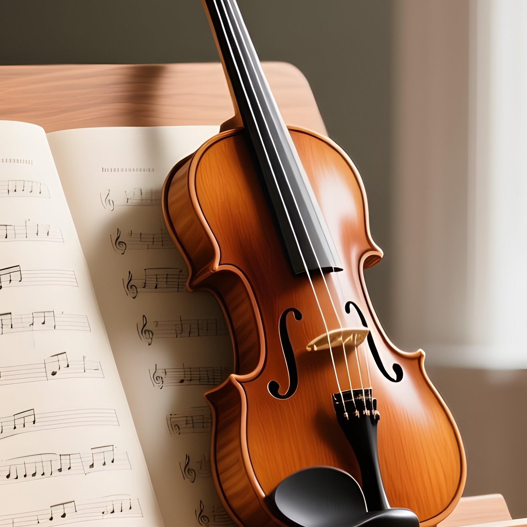 An Elegant Wooden Music Stand Holding Sheet Music And A Violin, Placed Near A Window In A Sunlit Music Practice Room. - Full Resolution Quality Preview
