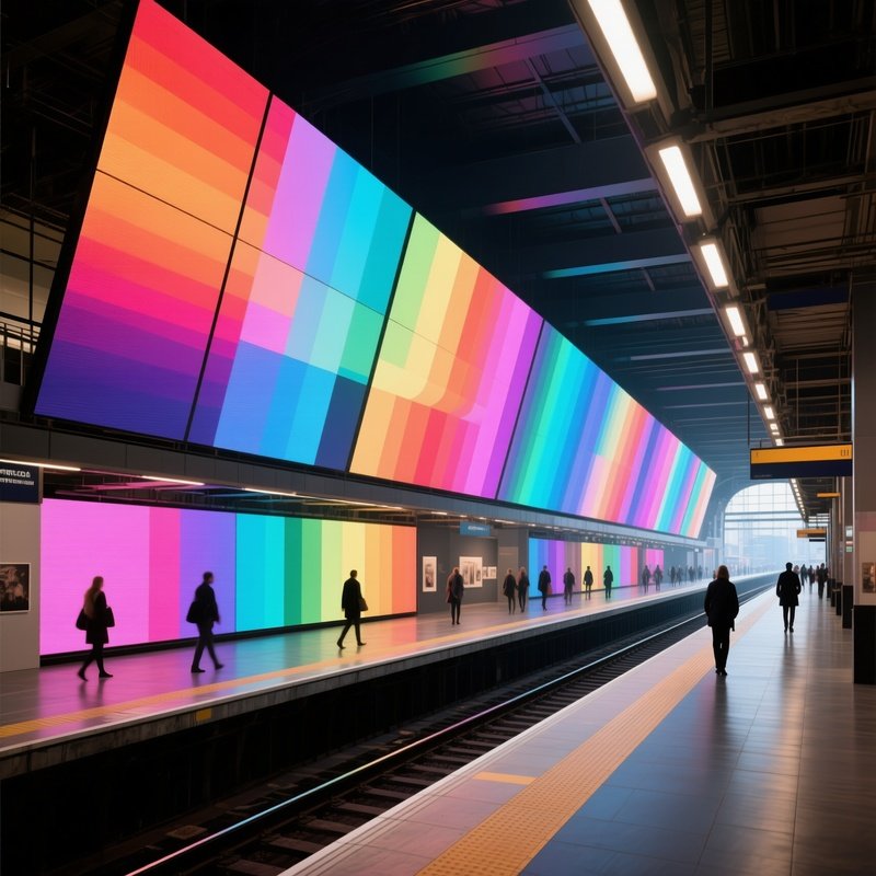 An Elevated Train Station Platform Turned Exhibition Space, Featuring Massive Led Panels Displaying