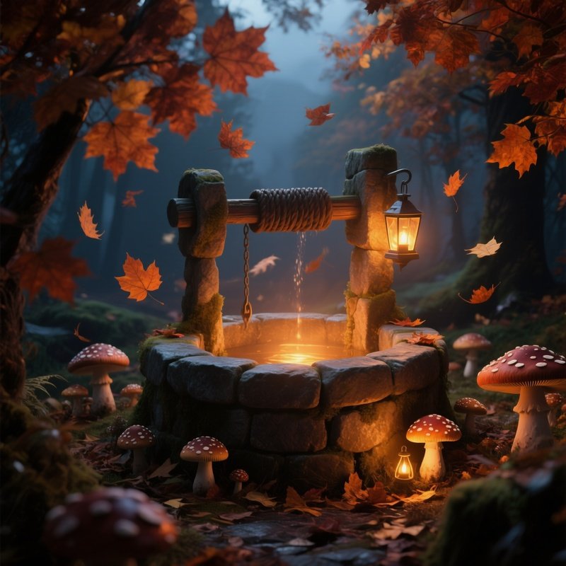 An Enchanted Autumn Evening With Rust Colored Leaves Swirling Around An Ancient Stone Well That