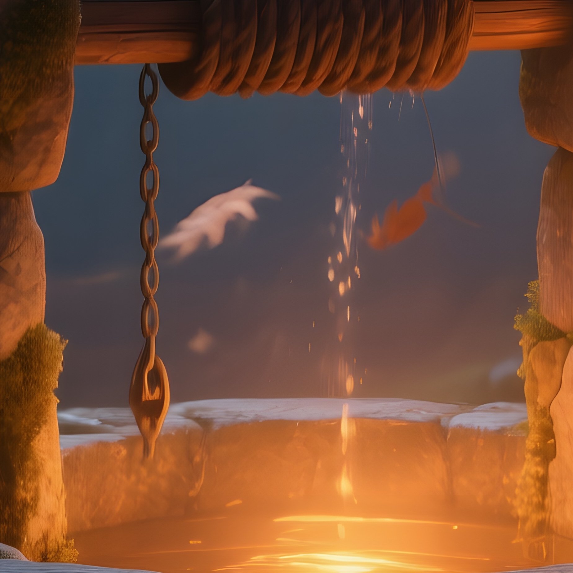 An Enchanted Autumn Evening With Rust Colored Leaves Swirling Around An Ancient Stone Well That - Full Resolution Quality Preview