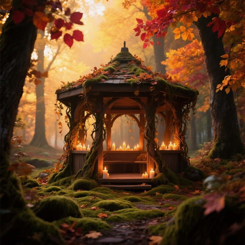 An Enchanted Autumn Forest At Golden Hour, Leaves Turning Ruby And Amber, A Hidden Wooden Gazebo