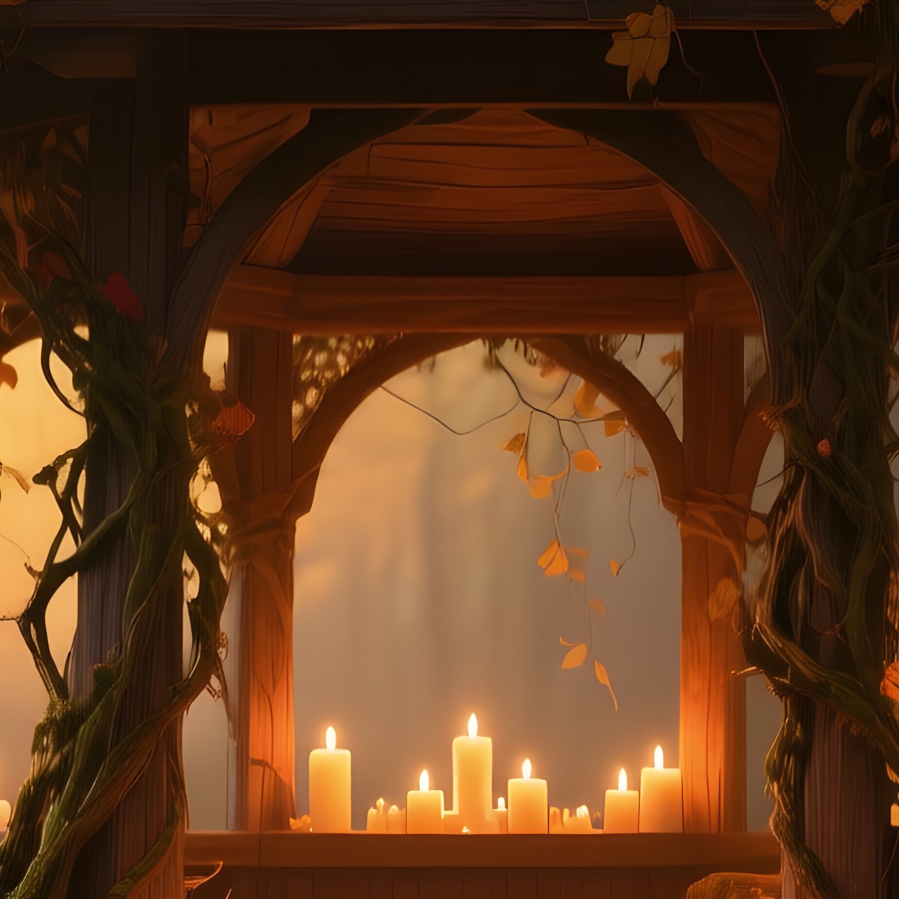 An Enchanted Autumn Forest At Golden Hour, Leaves Turning Ruby And Amber, A Hidden Wooden Gazebo - Full Resolution Quality Preview
