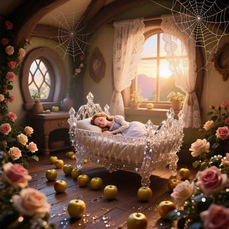 An Enchanted Cottage Interior Illuminated By Sunrise Through Lace Curtains, The Floor Scattered