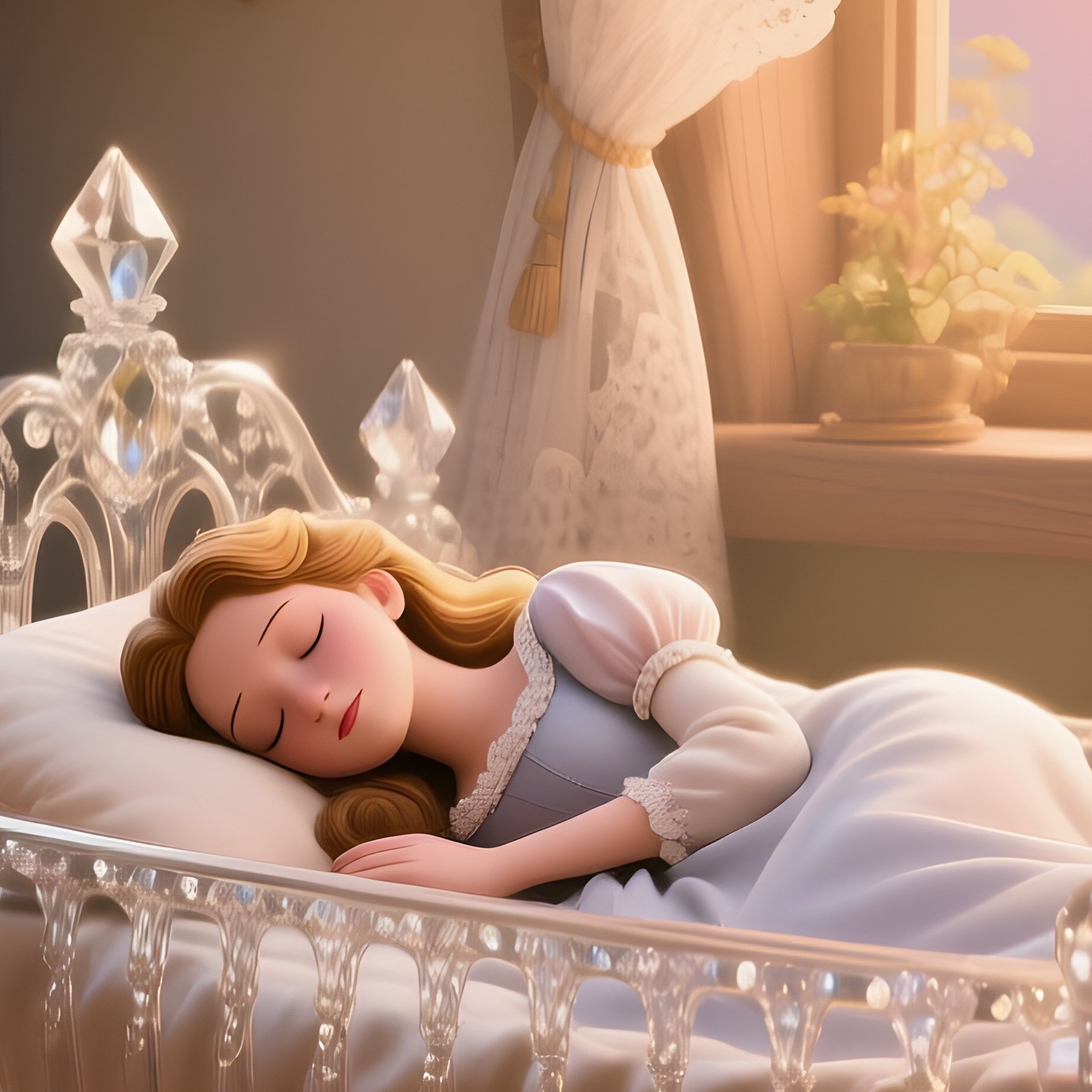 An Enchanted Cottage Interior Illuminated By Sunrise Through Lace Curtains, The Floor Scattered - Full Resolution Quality Preview