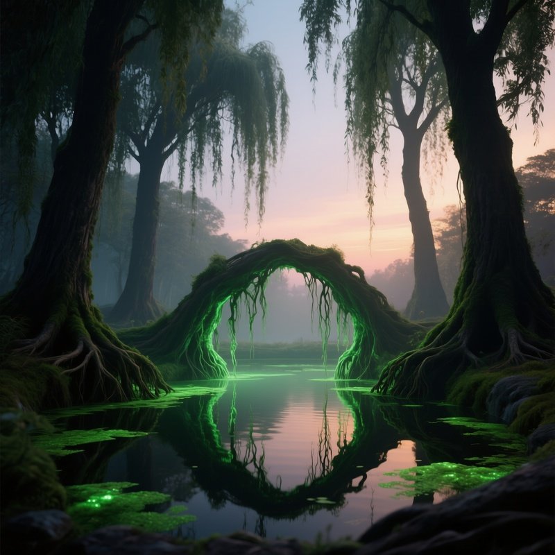 An Enchanted Dusk Scene Where Towering Willows Droop Over A Reflective Pool, Their Hanging Roots