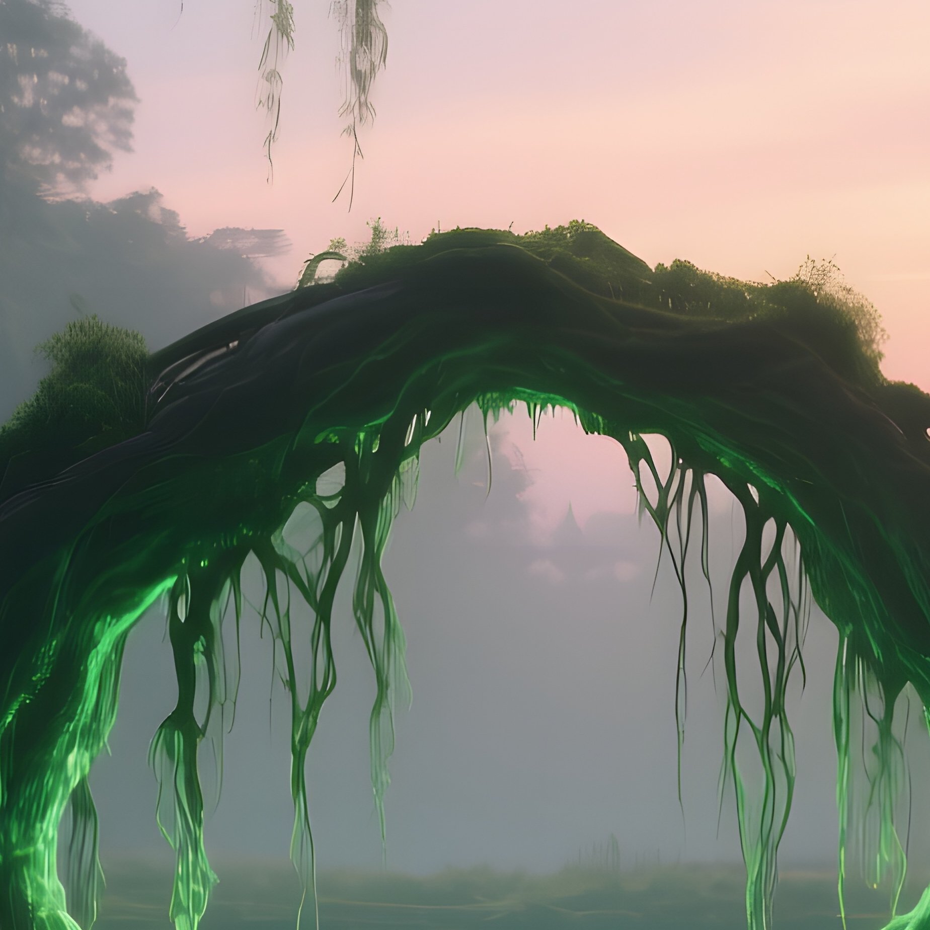 An Enchanted Dusk Scene Where Towering Willows Droop Over A Reflective Pool, Their Hanging Roots - Full Resolution Quality Preview