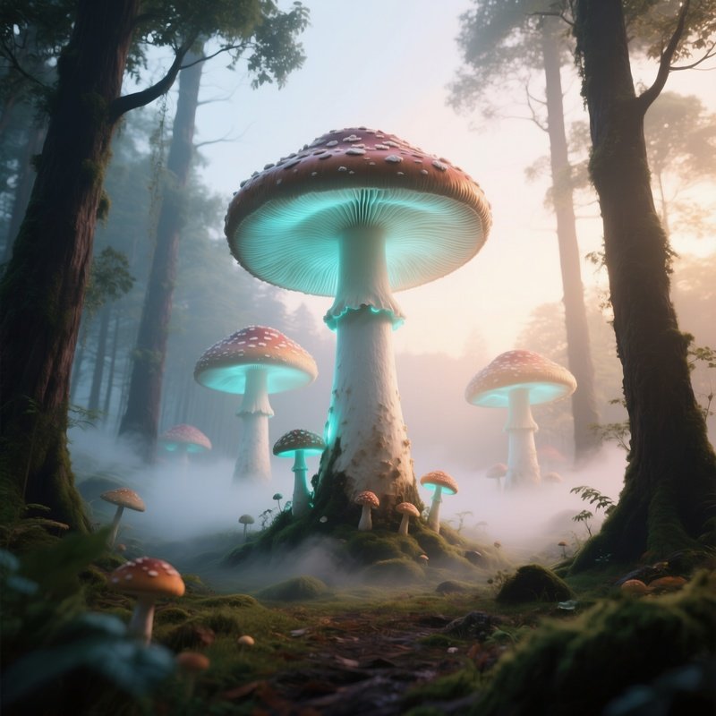 An Enchanted Forest Clearing At Dawn, With Towering Sugar Mushrooms Emitting A Gentle