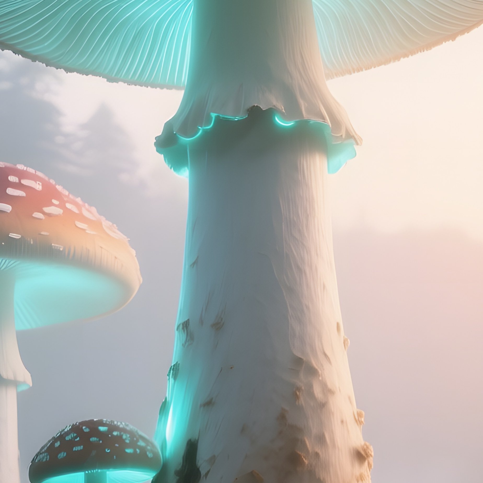 An Enchanted Forest Clearing At Dawn, With Towering Sugar Mushrooms Emitting A Gentle - Full Resolution Quality Preview