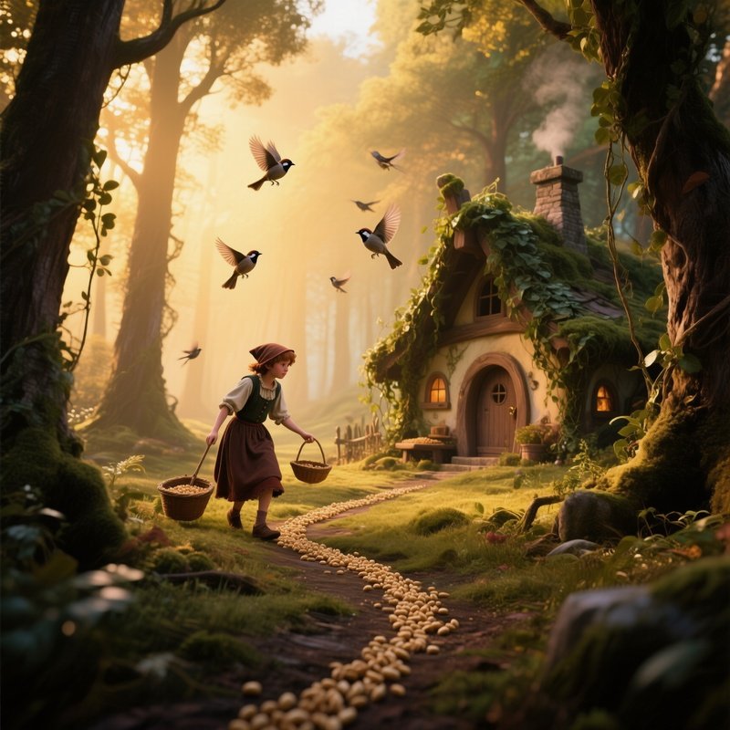 An Enchanted Forest Clearing Bathed In Golden Hour Light Where Hansel And Gretel Set A Trail Of