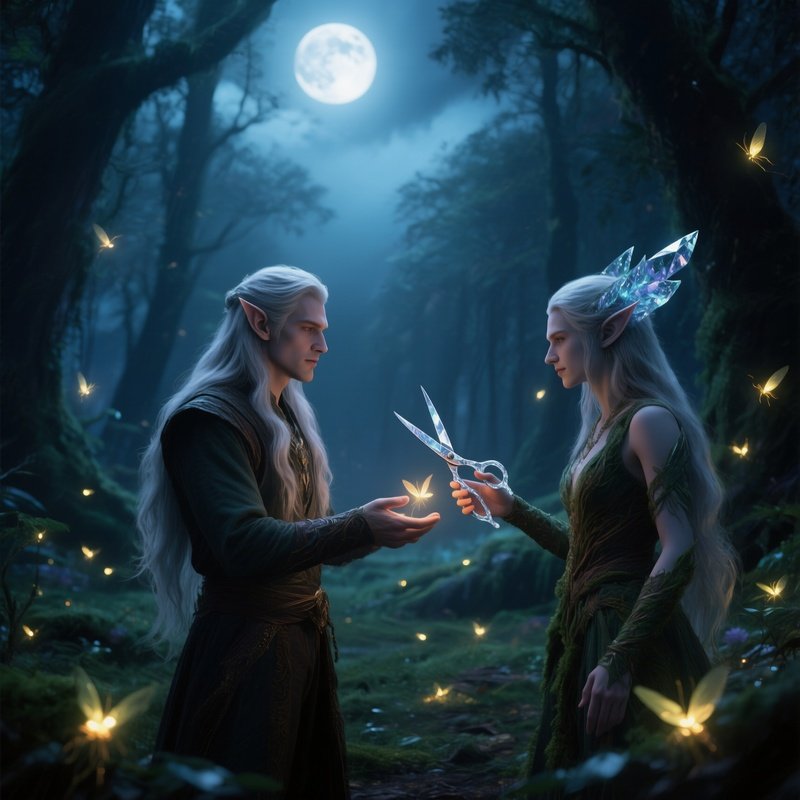 An Enchanted Forest Clearing Bathed In Moonlight, Fireflies Glowing; An Elf‑Like Man With Long
