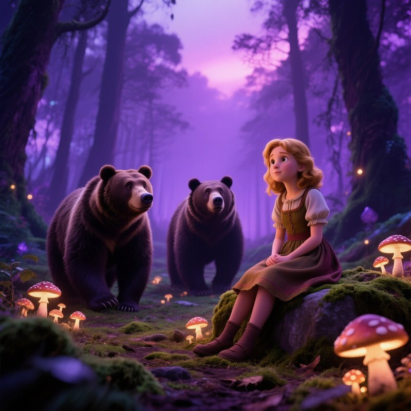 An Enchanted Forest Clearing Under A Violet Twilight Where Goldilocks Sits On A Mossy Stone, Three
