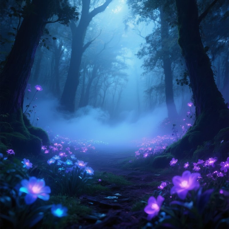 An Enchanted Forest Glade Illuminated By Bioluminescent Flowers Glowing Softly In Blues And