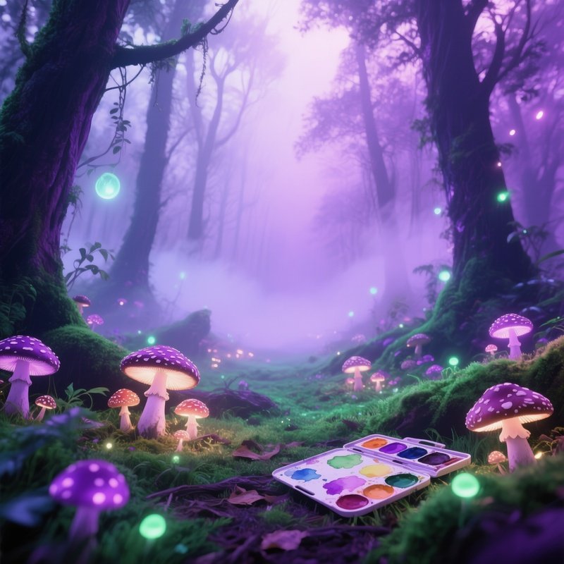 An Enchanted Forest Glade With Glowing Mushrooms, Ethereal Mist, Watercolor Palette Of Purples And