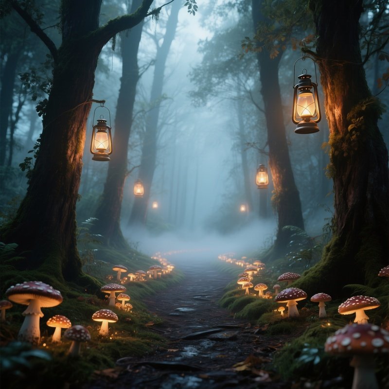 An Enchanted Forest Path Illuminated By Lanterns Hung From Trees, Surrounding Mushroom Circles