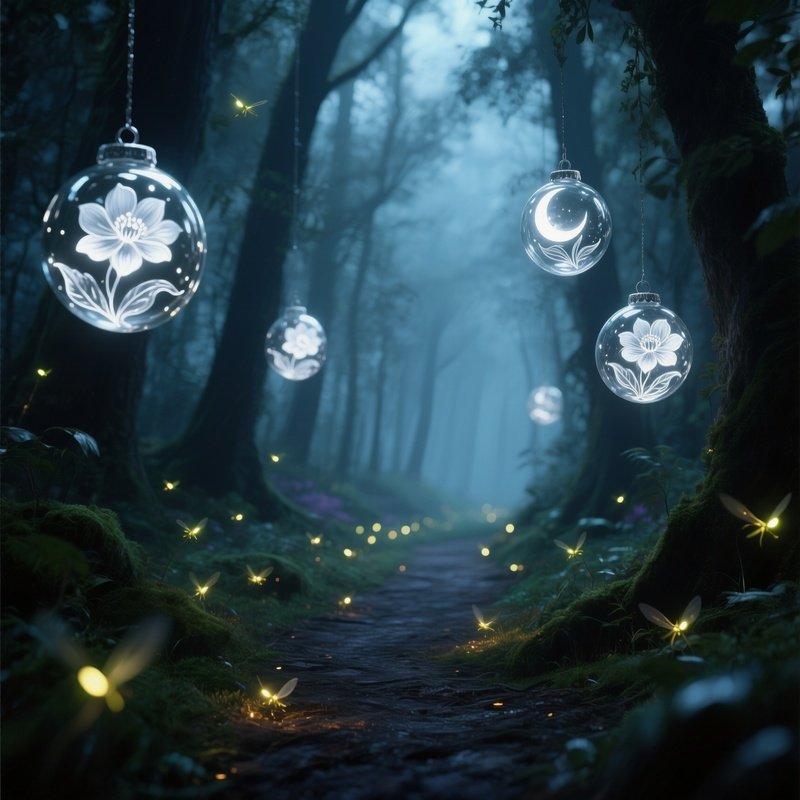 An Enchanted Forest Path Lit By Fireflies, Where Hanging Glass Orbs Painted With Moonflowers Emit A