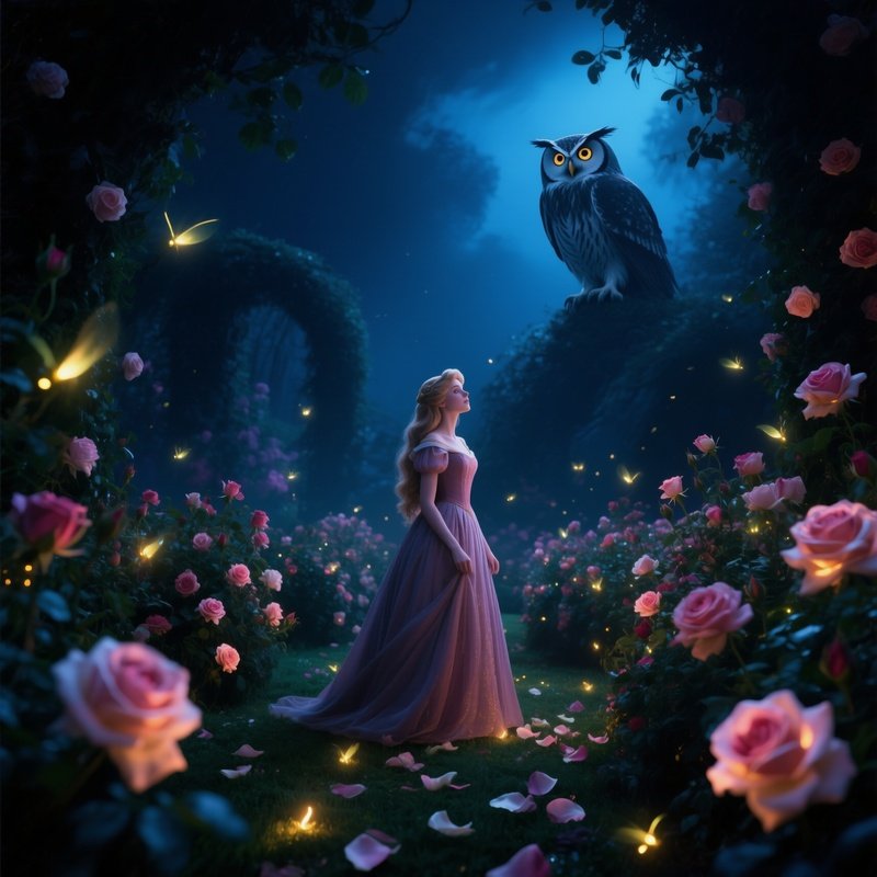 An Enchanted Garden At Night Illuminated By Fireflies, The Sleeping Beauty’S Rose Garden In Full