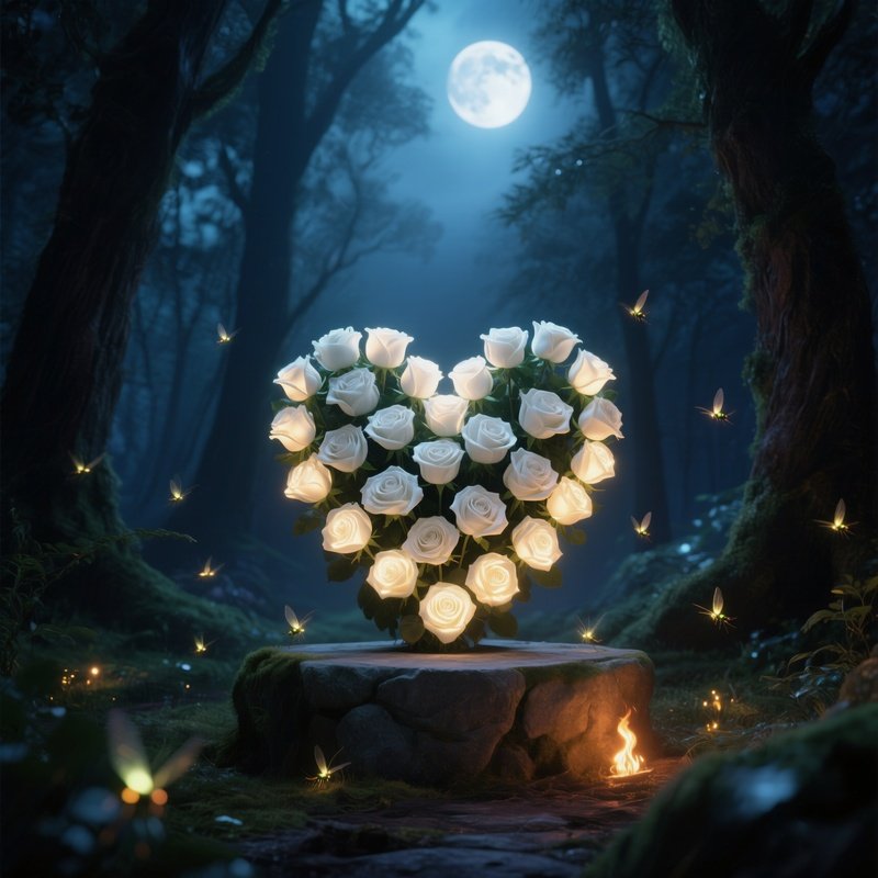 An Enchanted Night Forest Where Moonlight Filters Through Trees Onto A Heart‑Shaped Arrangement Of